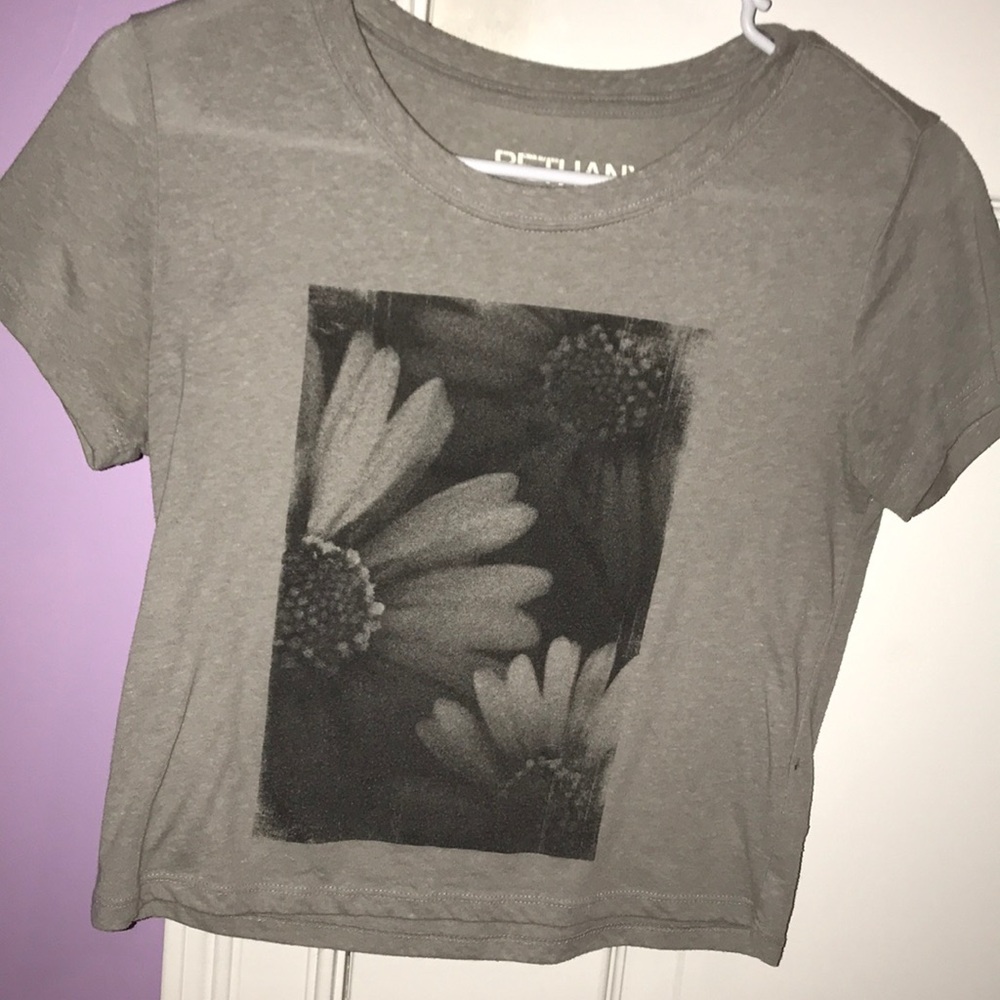 Gray and black floral crop top.
